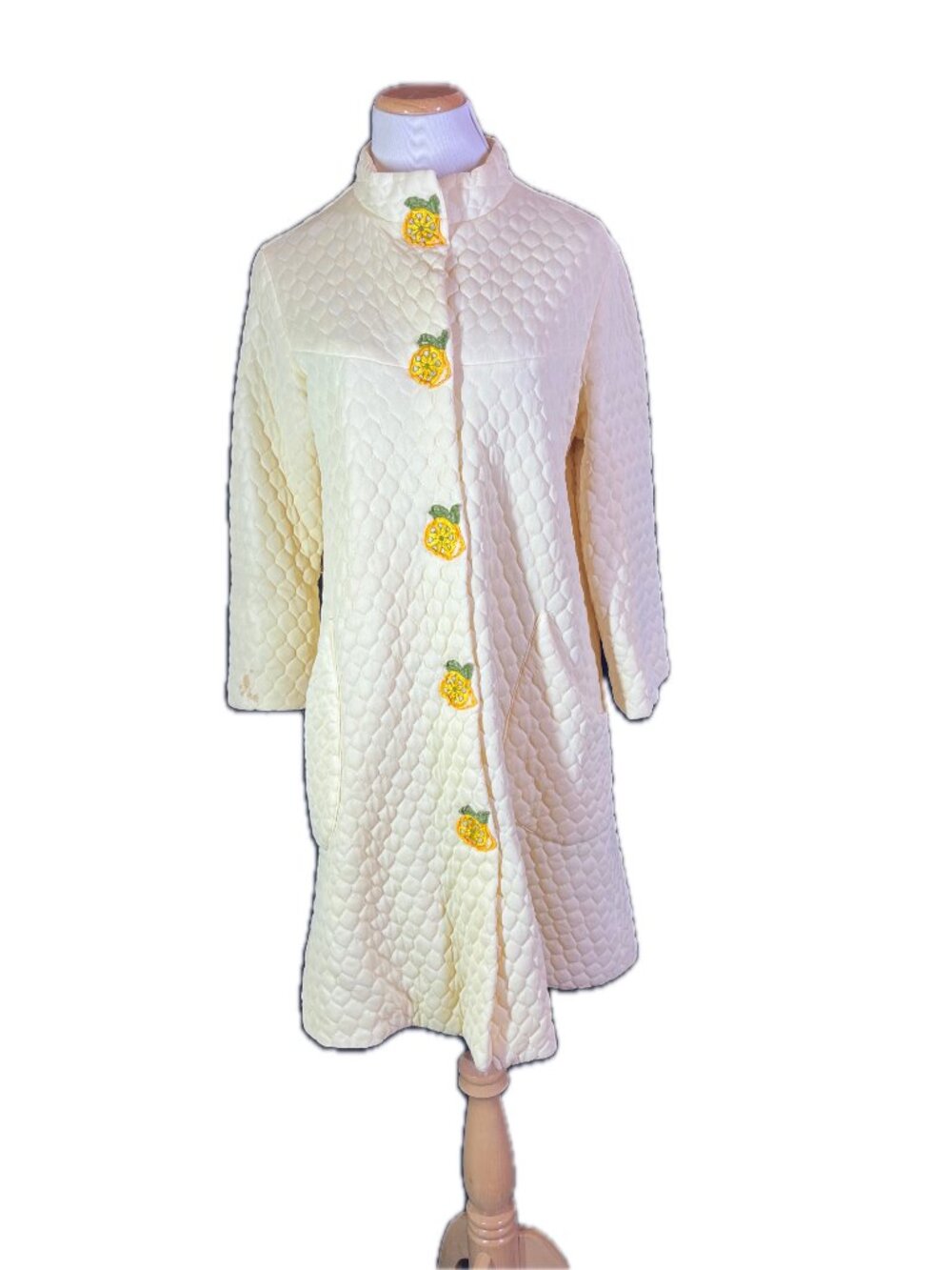 Vintage Loungees Quilted Housecoat Embroidered Lemons *Flawed